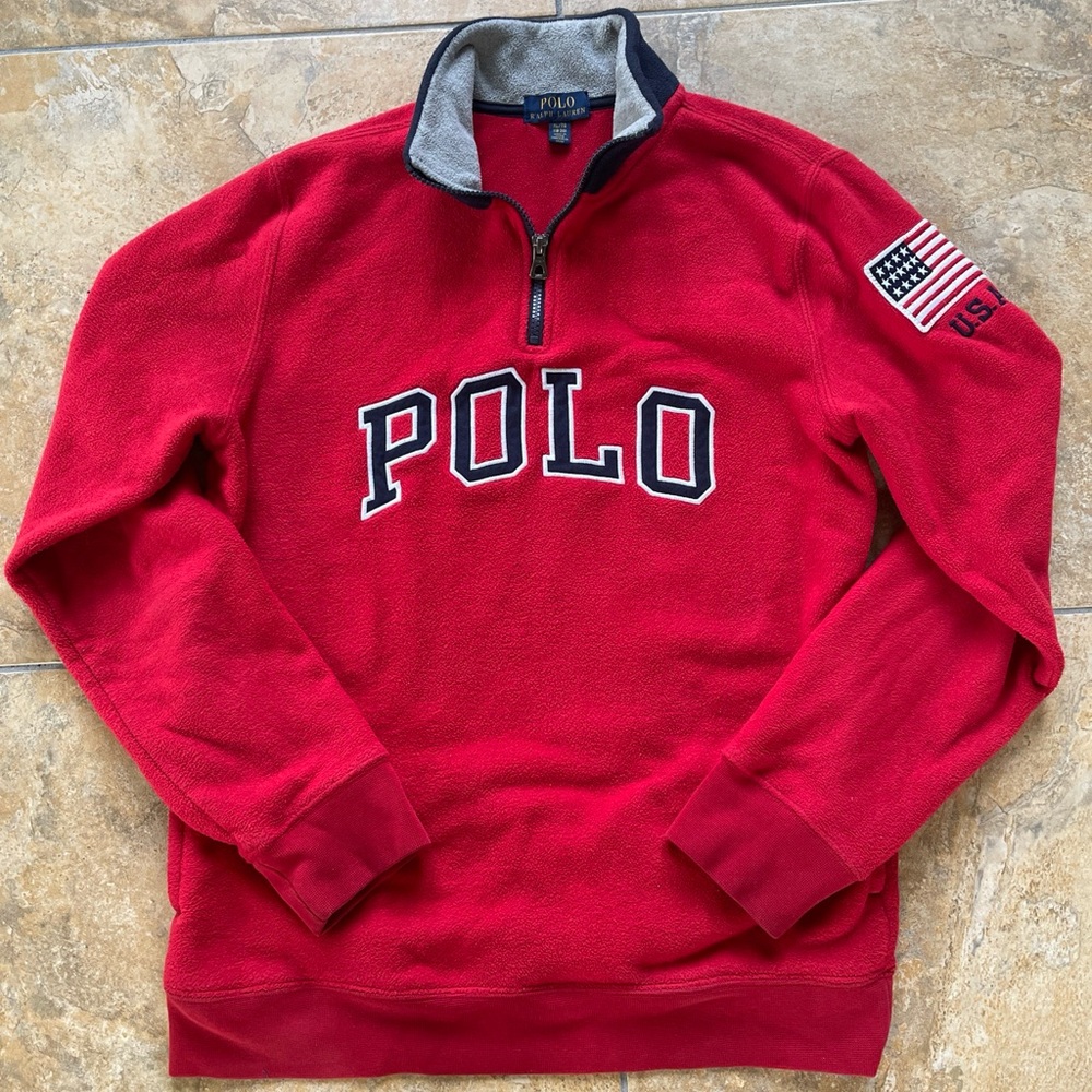 Polo Ralph Lauren USA Flag 1/4 Zip Pullover Red Knit Sweater Men Youth XL